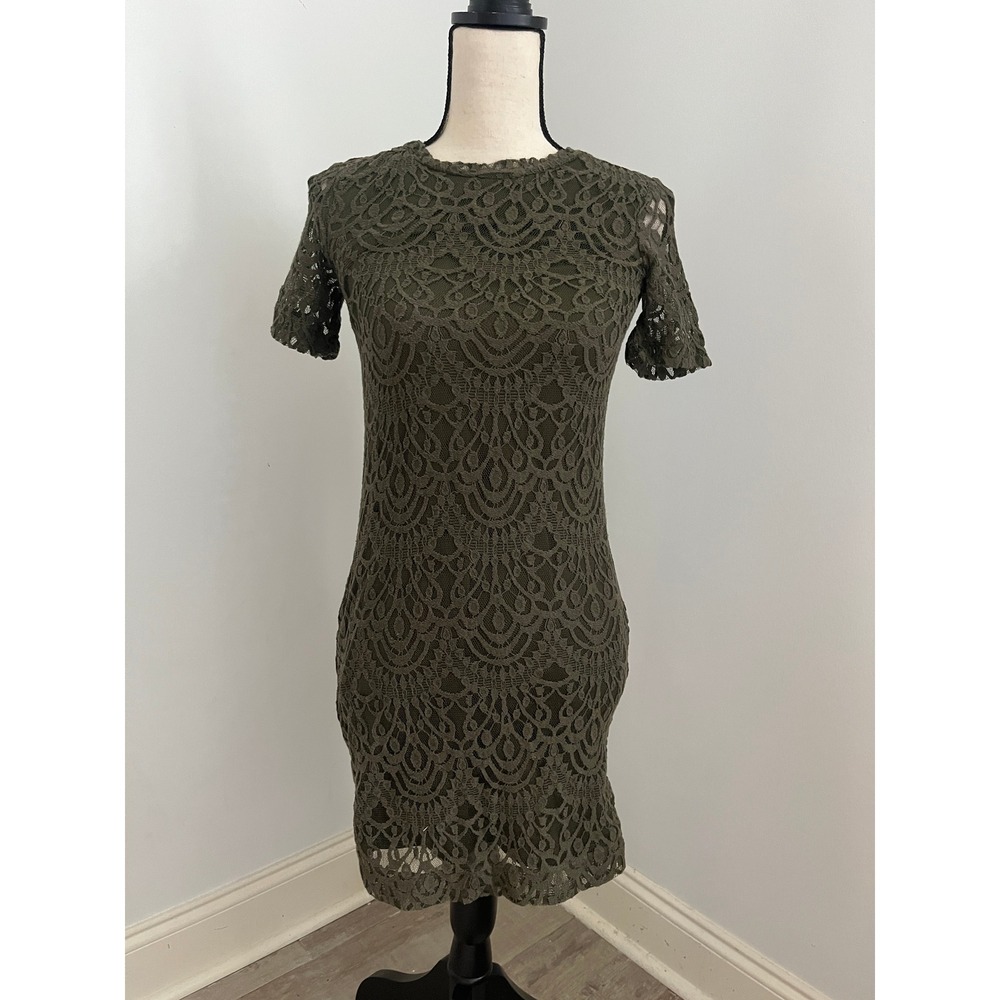 H&M Green Lace Mini Dress Womens Small 4 Olive Bodycon Short Sleeve Boho Chic